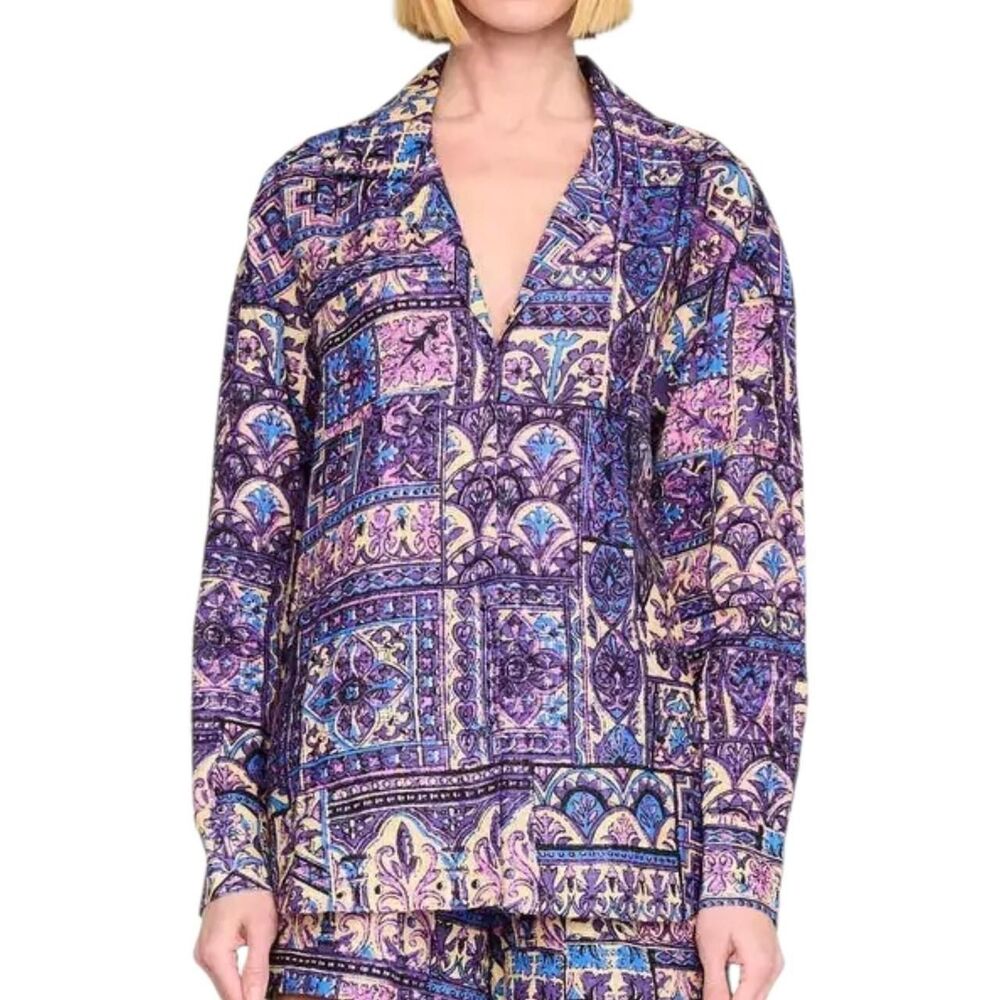 Marie Oliver Jolene Blouse Purple Paisley Linen Size Medium